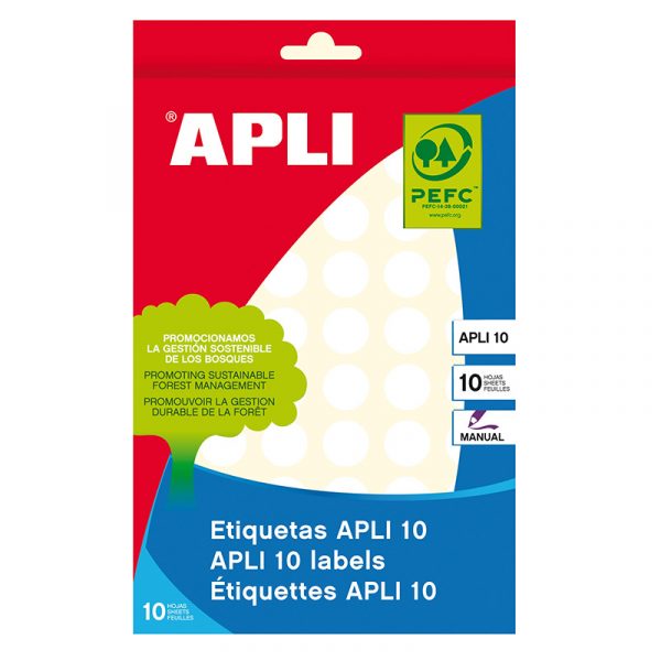 Apaļas uzlīmes APLI ar diametru 13mm, 10 loksnes/770 uzlīmes baltas