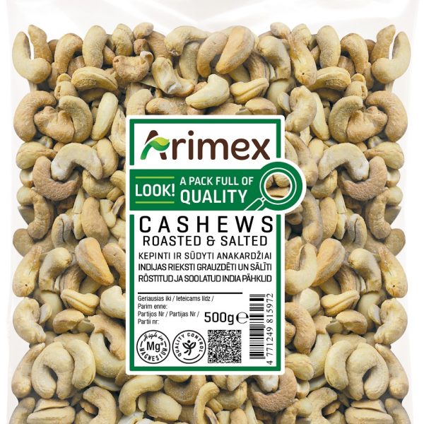 Indijas rieksti grauzdēti, sālīti ARIMEX, 500g
