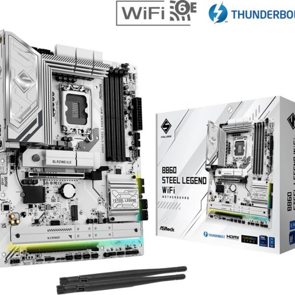 Mainboard|ASROCK|Intel B860 Express|LGA1851|ATX|Memory DDR5|Memory slots 4|1xPCI-Express 4.0 16x|1xPCI-Express 5.0 16x|1xM.2|1xHDMI|1xDisplayPort|1xAudio-Out|1xMicrophone|3xUSB 2.0|6xUSB 3.2|1xUSB-C w/Thunderbolt|1xOptical S/PDIF|1xRJ45|B860STEELLEGENDWIFI