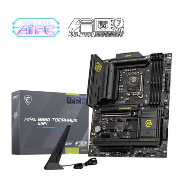 Mainboard|MSI|Intel B860 Express|LGA1851|ATX|Memory DDR5|Memory slots 4|1xPCI-Express 4.0 1x|1xPCI-Express 4.0 4x	|1xPCI-Express 5.0 16x|3xM.2|1xHDMI|1xDisplayPort|8xUSB 2.0|6xUSB 3.2|3xUSB-C|1xOptical S/PDIF|1xRJ45|3xAudio port|1xThunderbolt|MAGB860TOMAHAWKWIFI