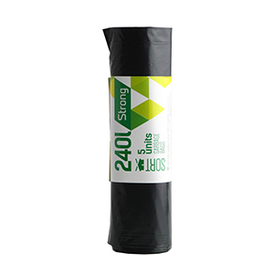 Atkritumu maisi SORTEX, tilpums 240 L, 5 gab., 50 mkr, melni, LDPE, 90 x 120 cm