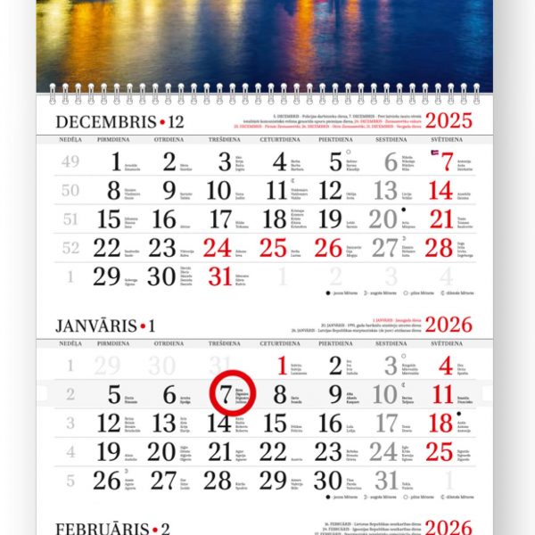 Sienas kalendārs 2026 gadam Standart, divdaļīgs ar metāla spirāli, 365latviski, zilas lapas