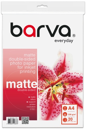 Fotopopierius Barva (IP-BE220-175) Everyday Dvipusis Matinis 220 g/m², A4, 20 lapų