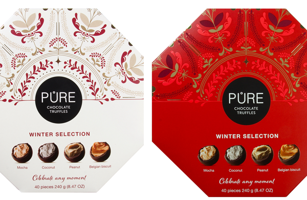 Piena šokolādes un šokolādes trifeļu izlase "Ziemas astoņstūris" 240g PURE